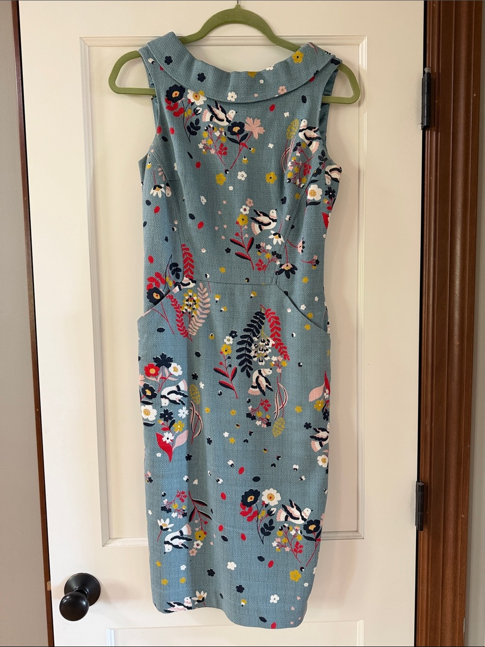 Boden Teal Floral Midi Dress with Scalloped Collar